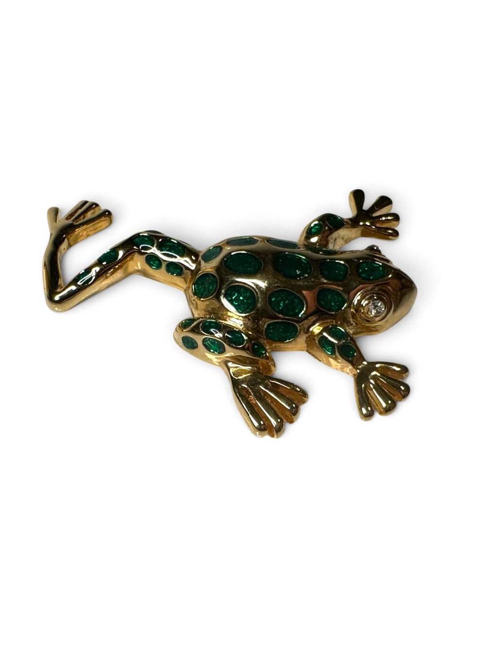 Gold Tone Frog Brooch with Green Rhinestones